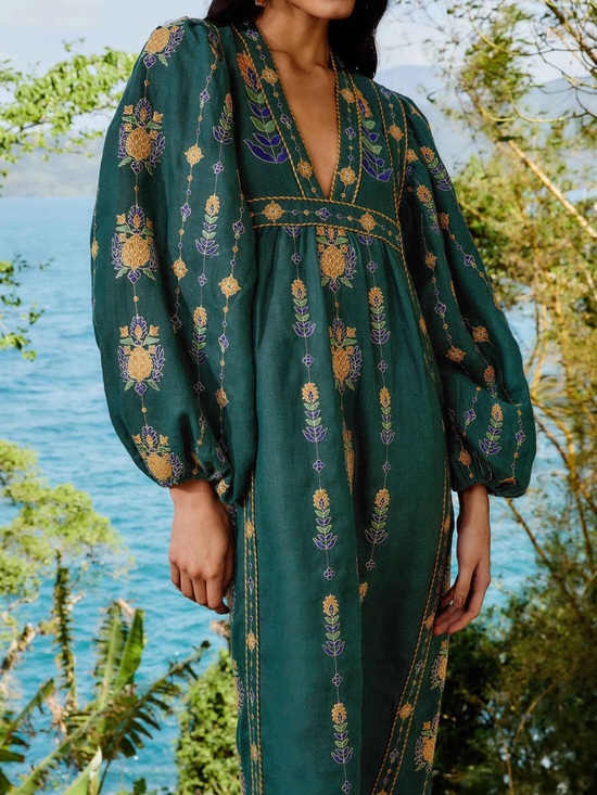 FARM Rio Dresses & Skirts - FARM Rio Green Pineapple Embroidered Euroflax™ Premium Linen Tunic Maxi Dress